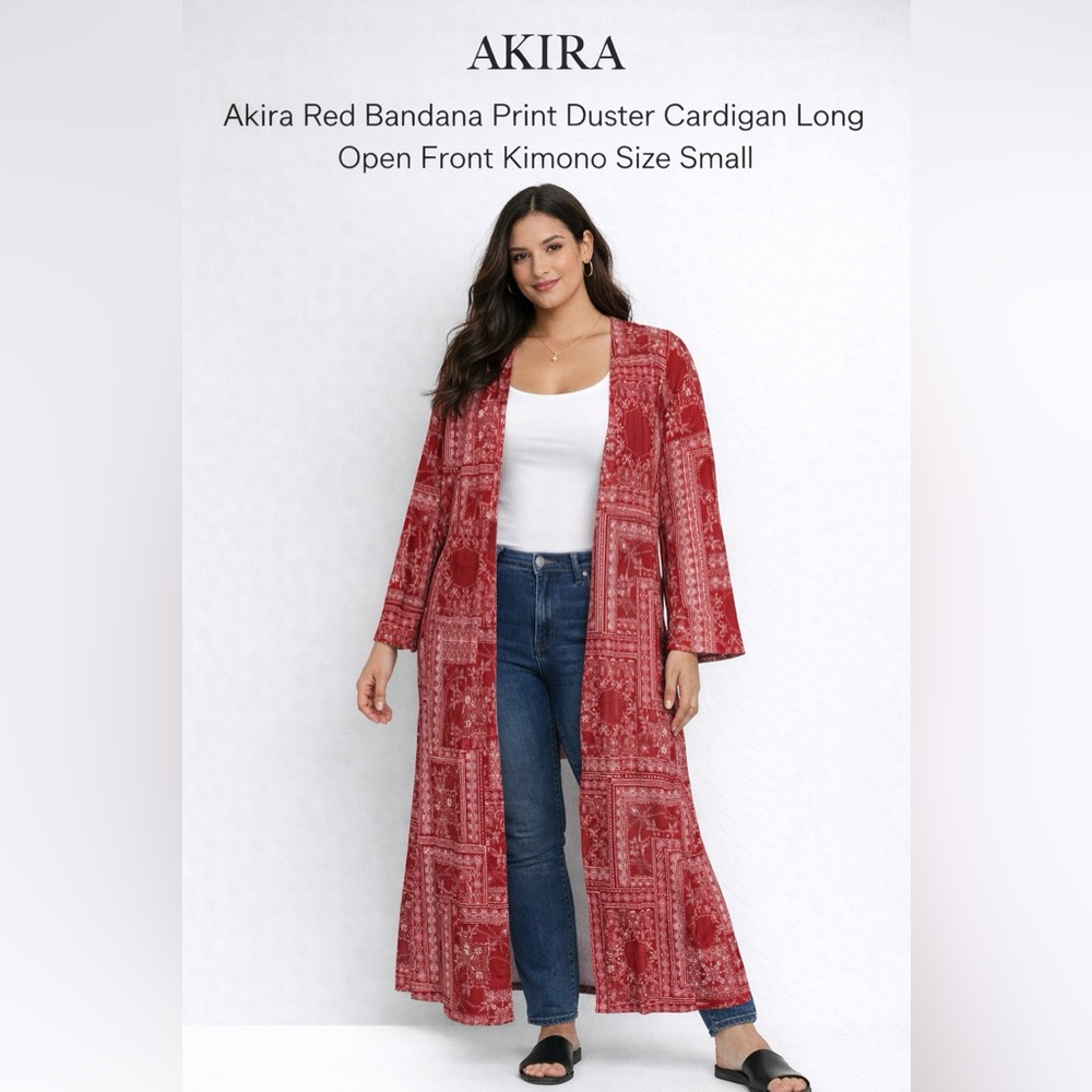 Akira Red Bandana Print Long Duster Cardigan Boho Western Layer Size S
